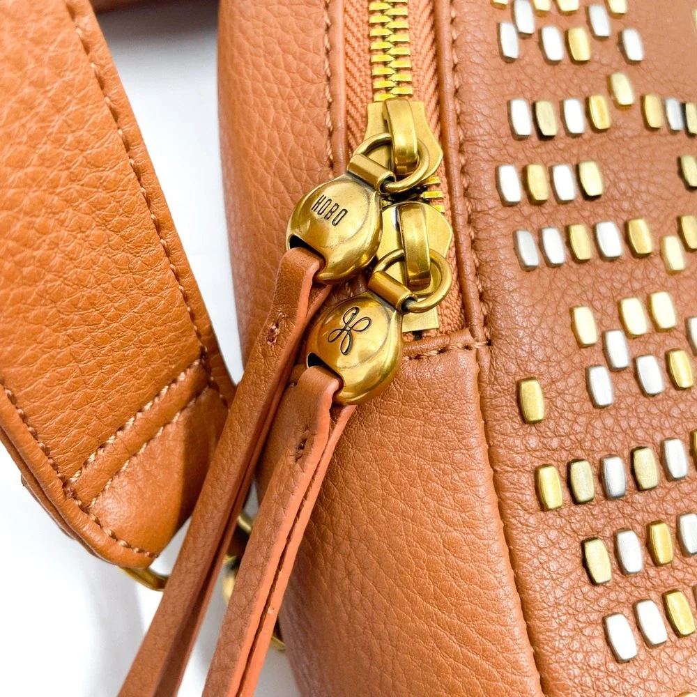 Fern Hobo Sling Bag Pebbled Leather Gold Studded Warm Honey Brown Small‎